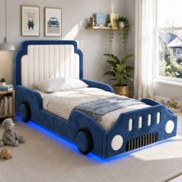 Matteo Kids Racing Car Bed Blue Velvet Upholstered Kids Bed Frame - Size: Single - thumbnail 3