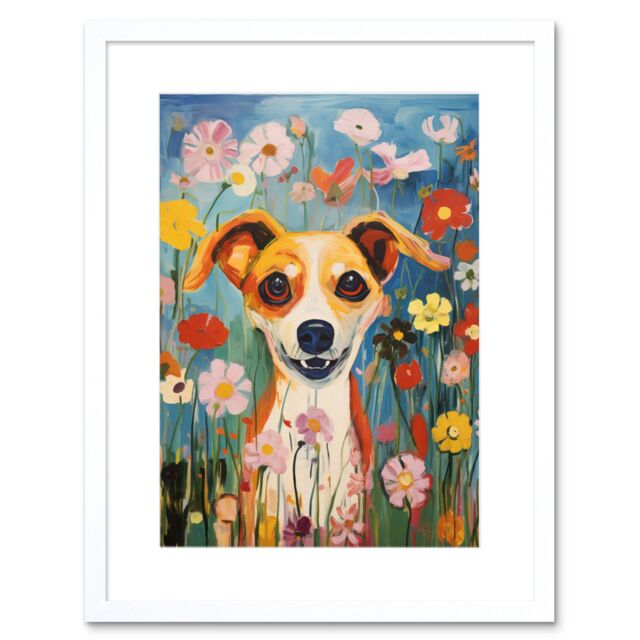 "Artery8 Wall Art Print Chihuahua in the Wildflowers Artwork Colourful Meadow Dog Portrait Artwork Framed 9X7 Inch in White - Size: W7"" x H9""" - image 1