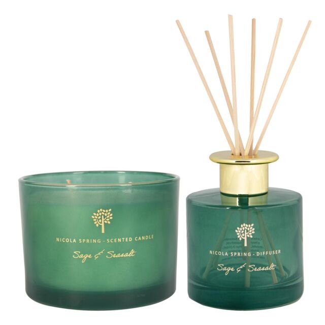 Nicola Spring Sage & Seasalt Candle & Diffuser Gift Set - 350g Jar + 200ml Diffuser in Green - image 1