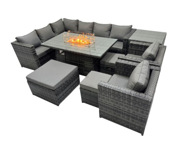 Fimous Rattan Garden Furniture Dining Set 11-seater with 3 Stool Side Table in Dark Grey - image 1