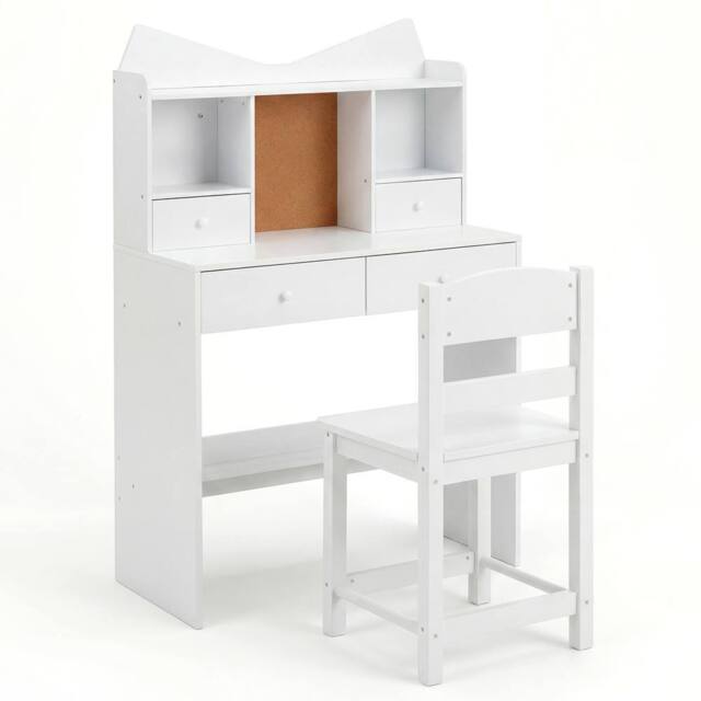 Costway Kids Study Desk & Chair Set Wooden Writing Table w/ Chair & 4 Drawers in White - image 1