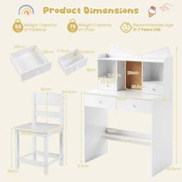 Costway Kids Study Desk & Chair Set Wooden Writing Table w/ Chair & 4 Drawers in White - thumbnail 2