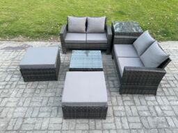 Fimous 6 Seater Rattan Outdoor Garden Furniture Sofa Set with 2 Big Footstool Side Table Dark Grey Mixed - thumbnail 2