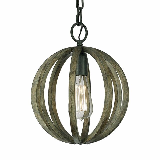 Loops 1 Bulb Ceiling Light Fitting Weather Oak Wood Antique Forged Iron LED E27 60W - image 1