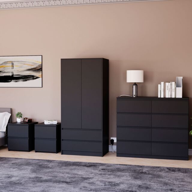 Home Discount Vida Designs Denver 4Pc Bedroom Set(2 Bedside, 8 Drawer Chest, Wardrobe) in Black - image 1