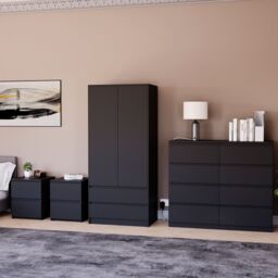 Home Discount Vida Designs Denver 4Pc Bedroom Set(2 Bedside, 8 Drawer Chest, Wardrobe) in Black