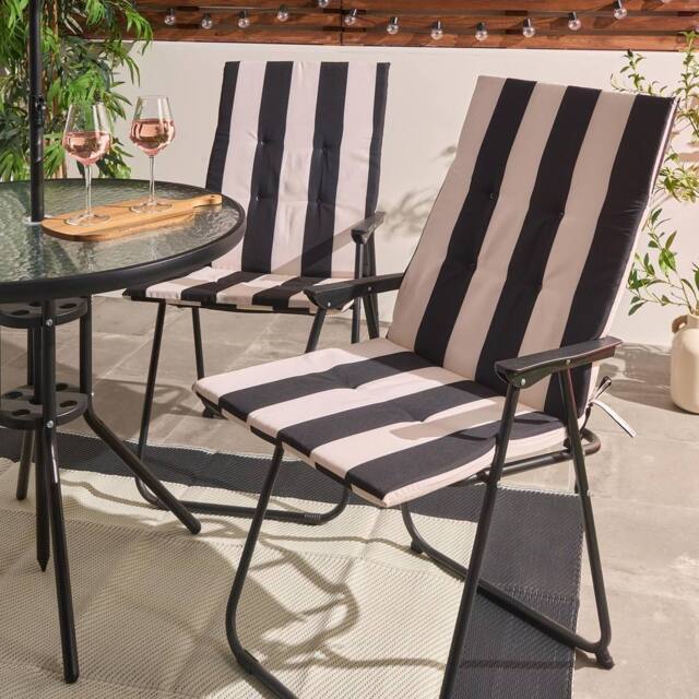 OHS 2 x Stripe Garden Seat Pad Outdoor High Back Chair Cushion in Black