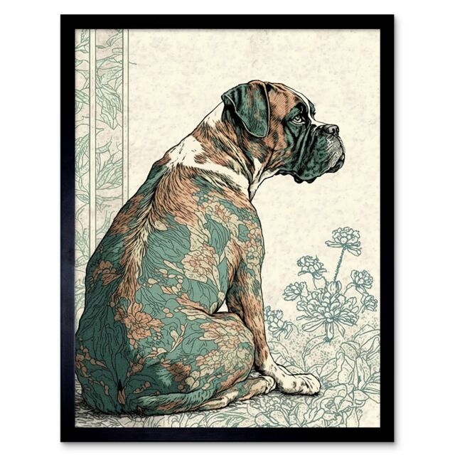 "Artery8 Wall Art Print Boxer Dog with Floral Pattern Fur Coat Modern Watercolour & Ink Art Framed in Black - Size: W12"" x H16""" - image 1