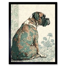 "Artery8 Wall Art Print Boxer Dog with Floral Pattern Fur Coat Modern Watercolour & Ink Art Framed in Black - Size: W12"" x H16""" - thumbnail 1