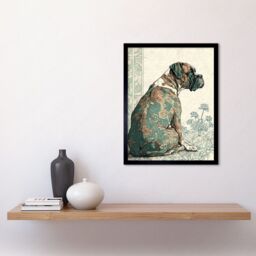 "Artery8 Wall Art Print Boxer Dog with Floral Pattern Fur Coat Modern Watercolour & Ink Art Framed in Black - Size: W12"" x H16""" - thumbnail 2