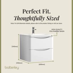 Balterley Bathroom Wall Hung 2 Drawer Vanity & Polymarble Basin, White, 600mm in White - thumbnail 5