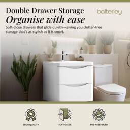 Balterley Bathroom Wall Hung 2 Drawer Vanity & Polymarble Basin, White, 600mm in White - thumbnail 2
