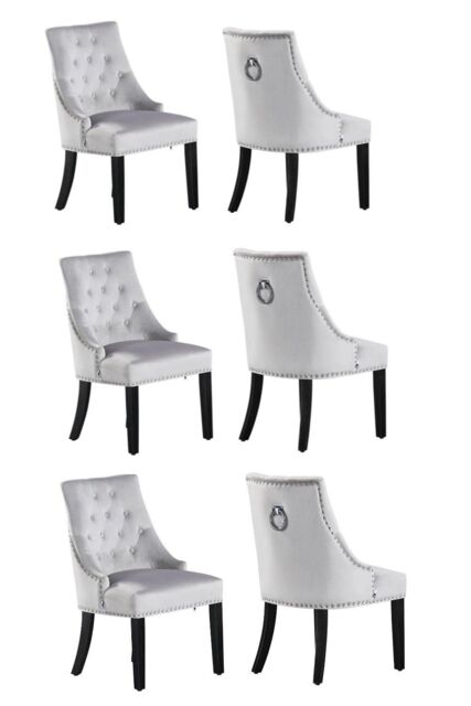 Life Interiors Set of 6 Velvet Dining Chairs Scoop Knockerback & Button Tufted, Solid Wood Legs in Light Grey - image 1