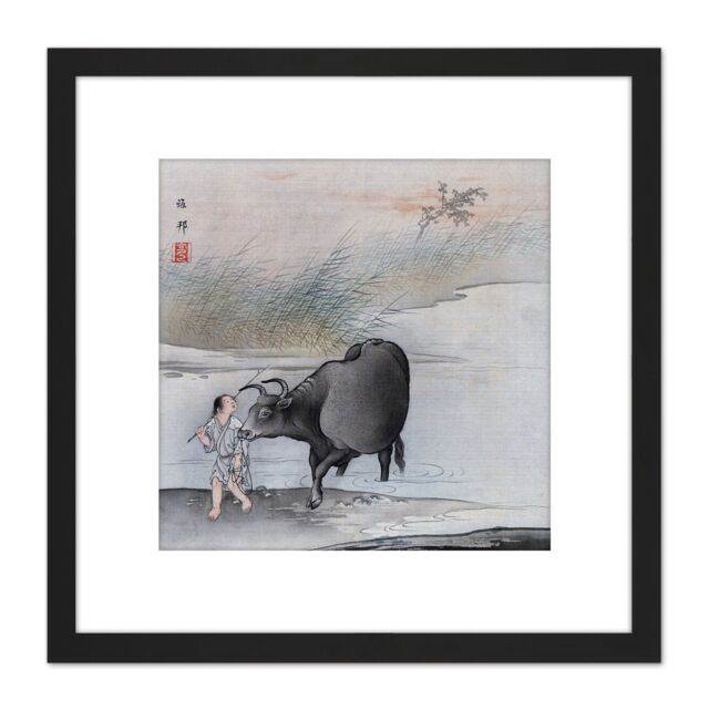 Artery8 Hashimoto Gaho Crossing Cow Japan Painting 8X8 Inch Square Wooden Framed Wall Art Print Picture with Mount in Black - image 1