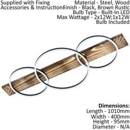 Loops 2 PACK Wall Flush Ceiling Light Black & Rustic Wood / White Shade Plastic LED - thumbnail 2