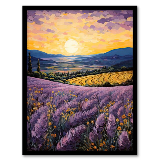 "Artery8 Wall Art Print Serene Lavender Fields at Sunrise Scenic Landscape Framed in Purple - Size: W12"" x H16""" - image 1