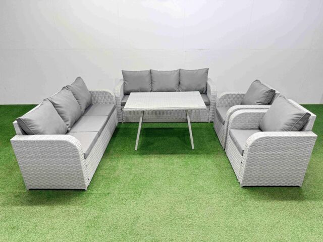 Fimous Rattan High Back Lounge Sofa Set with Reclining Chairs Light Grey - image 1