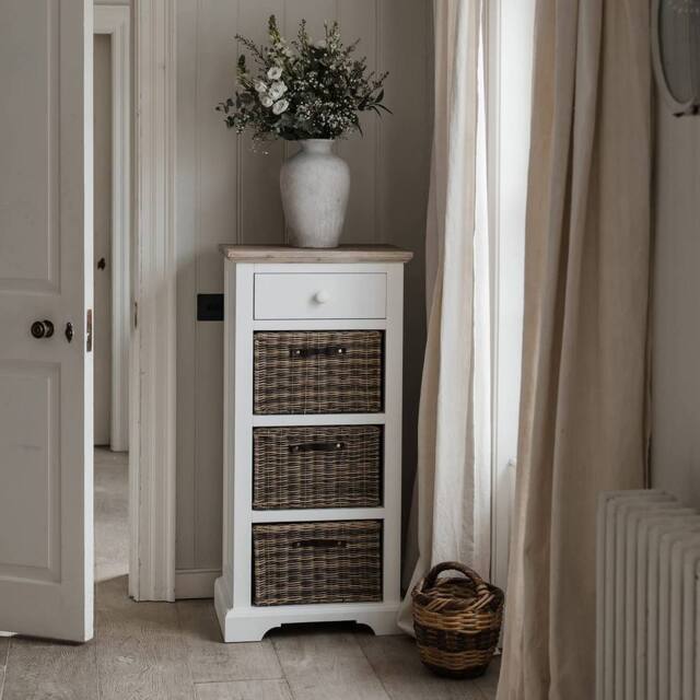 Statement Furniture Florence Tallboy with Drawer & 3 Storage Baskets in White - image 1