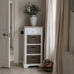 Statement Furniture Florence Tallboy with Drawer & 3 Storage Baskets in White