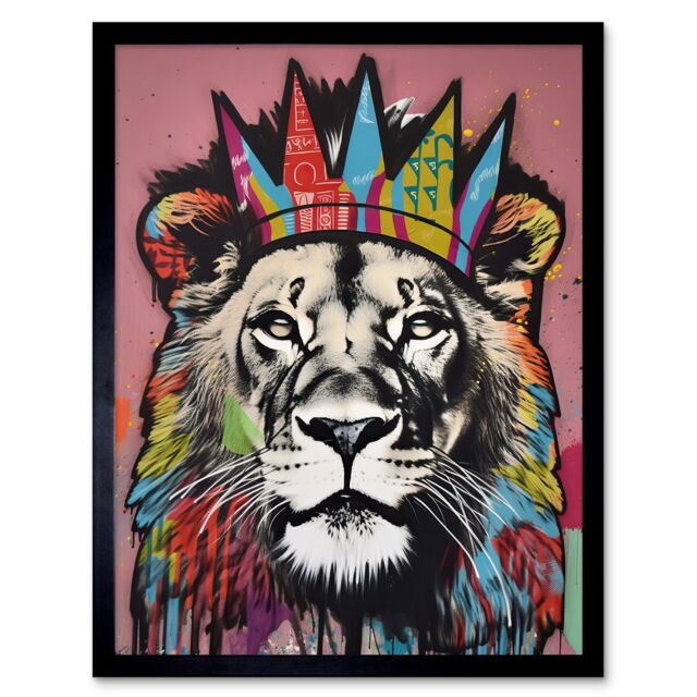 "Artery8 Wall Art Print Lion with Crown King of the Jungle Modern Pop Art Framed in Black - Size: W12"" x H16""" - image 1