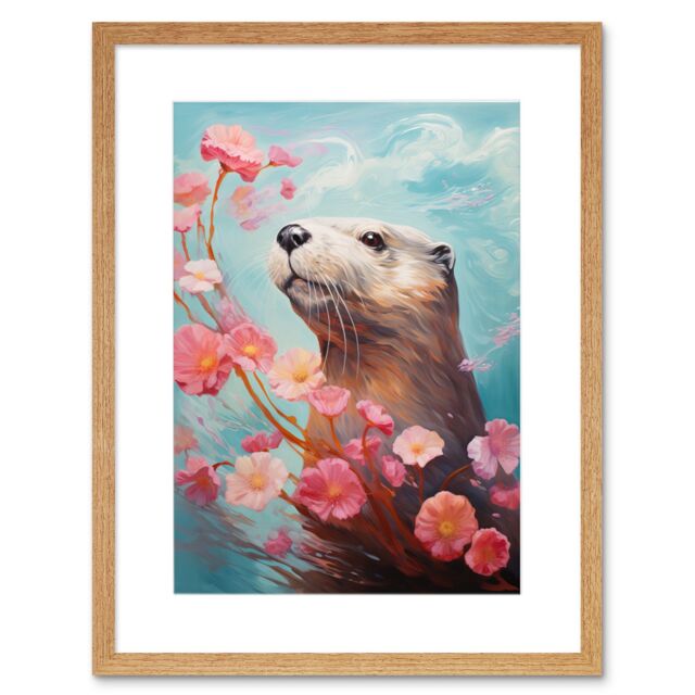 Artery8 Wall Art Print Otter with a Pink Cherry Blossom Branch Elegant Oil Painting Floating on Lake Water with Flowers Artwork Framed 9X7 Inch - image 1