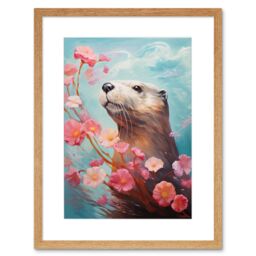 Artery8 Wall Art Print Otter with a Pink Cherry Blossom Branch Elegant Oil Painting Floating on Lake Water with Flowers Artwork Framed 9X7 Inch - thumbnail 1