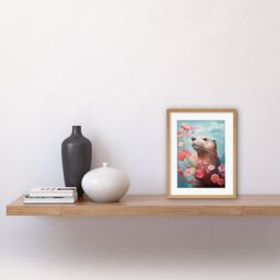 Artery8 Wall Art Print Otter with a Pink Cherry Blossom Branch Elegant Oil Painting Floating on Lake Water with Flowers Artwork Framed 9X7 Inch - thumbnail 2
