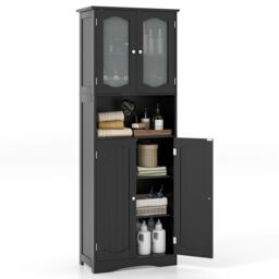 Gymax Tall Bathroom Storage Cabinet Tempered Glass Door Pantry Cabinet in Black - thumbnail 1
