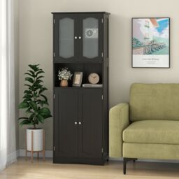 Gymax Tall Bathroom Storage Cabinet Tempered Glass Door Pantry Cabinet in Black - thumbnail 4