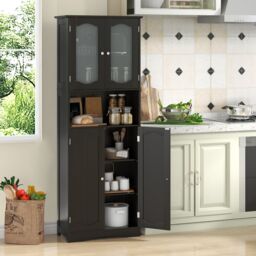 Gymax Tall Bathroom Storage Cabinet Tempered Glass Door Pantry Cabinet in Black - thumbnail 5