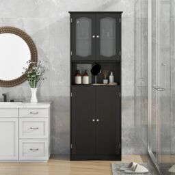 Gymax Tall Bathroom Storage Cabinet Tempered Glass Door Pantry Cabinet in Black - thumbnail 3