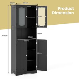 Gymax Tall Bathroom Storage Cabinet Tempered Glass Door Pantry Cabinet in Black - thumbnail 2