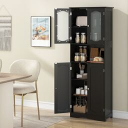 Gymax Tall Bathroom Storage Cabinet Tempered Glass Door Pantry Cabinet in Black - thumbnail 6