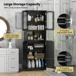 Gymax Tall Bathroom Storage Cabinet Tempered Glass Door Pantry Cabinet in Black - thumbnail 8