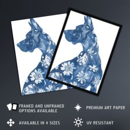 "Artery8 Dog Lover Blue Great Dane with Floral Pattern Wall Art Print - Size: W18"" x H24""" - thumbnail 2