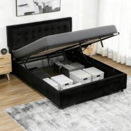 HOMCOM 5ft Double Bed Frame with Storage & Adjustable Headboard, Black - Size: King - thumbnail 2