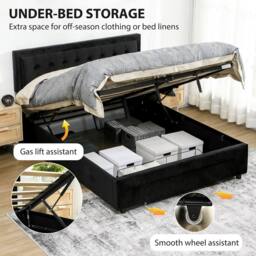 HOMCOM 5ft Double Bed Frame with Storage & Adjustable Headboard, Black - Size: King - thumbnail 4