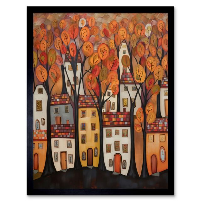 "Artery8 Wall Art Print Cityscape With Trees In Autumn Contemporary Folk Art Painting Art Framed in Black - Size: W12"" x H16""" - image 1