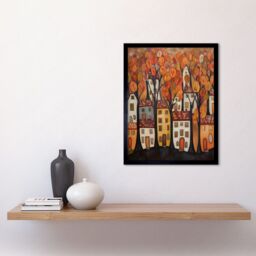 "Artery8 Wall Art Print Cityscape With Trees In Autumn Contemporary Folk Art Painting Art Framed in Black - Size: W12"" x H16""" - thumbnail 2