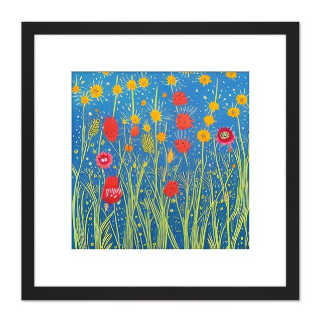 Artery8 Field of Red & Yellow Wildflowers in Bloom Abstract Acrylic Paint Square Wooden Framed Wall Art Print Picture 8X8 Inch in Black - image 1