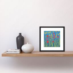 Artery8 Field of Red & Yellow Wildflowers in Bloom Abstract Acrylic Paint Square Wooden Framed Wall Art Print Picture 8X8 Inch in Black - thumbnail 2