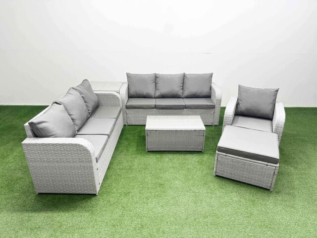 Fimous 8 Seater Poly Rattan Outdoor Garden Furniture Sofa Set Patio 3 Seater Sofa Reclining Chair 3 Seater Sofa Big Footstool Side Table Light Grey - image 1