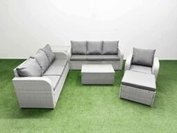 Fimous 8 Seater Poly Rattan Outdoor Garden Furniture Sofa Set Patio 3 Seater Sofa Reclining Chair 3 Seater Sofa Big Footstool Side Table Light Grey - thumbnail 2