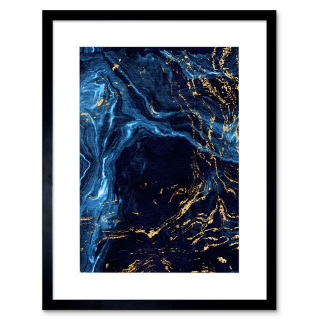 "Artery8 Wall Art Print Abstract Dark Blue Gold Water Art Framed 9x7 inch in Black - Size: W7"" x H9""" - image 1