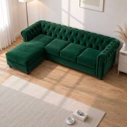 Sofaya Hampton 4 Seater L Shape Chesterfield Sofa Velvet Left Hand Chaise in Green - Size: 4 Person - thumbnail 2