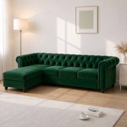 Sofaya Hampton 4 Seater L Shape Chesterfield Sofa Velvet Left Hand Chaise in Green - Size: 4 Person