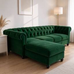 Sofaya Hampton 4 Seater L Shape Chesterfield Sofa Velvet Left Hand Chaise in Green - Size: 4 Person - thumbnail 3