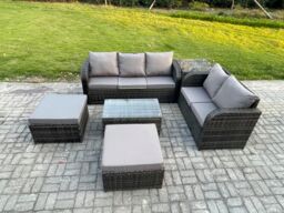 Fimous Wicker PE Rattan Garden Furniture Set 7 Seater Outdoor Lounge Sofa Set with Love Sofa Coffee Table 2 Big Footstool Side Table Dark Grey Mixed - thumbnail 2