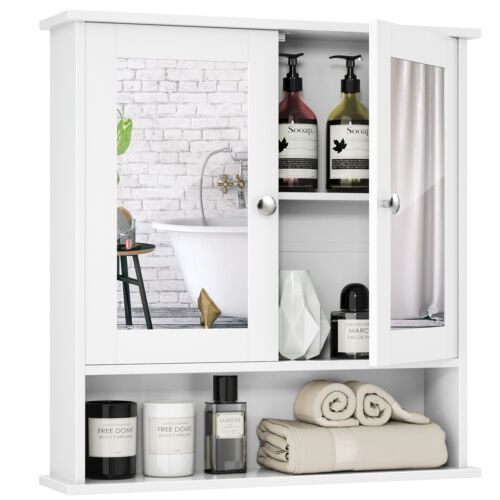 Costway Wall Mounted Bathroom Mirror Cabinet Wooden Storage Cupboard Medicine Organizer in White