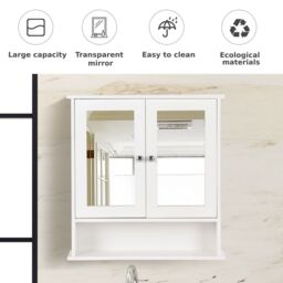 Costway Wall Mounted Bathroom Mirror Cabinet Wooden Storage Cupboard Medicine Organizer in White - thumbnail 4